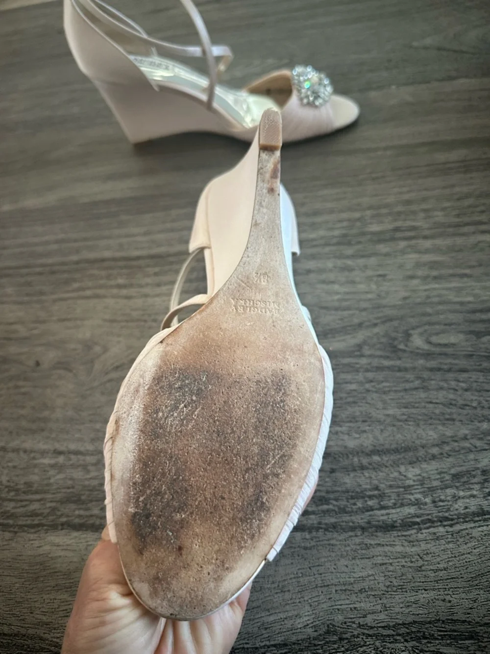 Badgley Mischka Rose Gold Satin Wedge Sandal with Crystal Accent - Picture 4 of 11